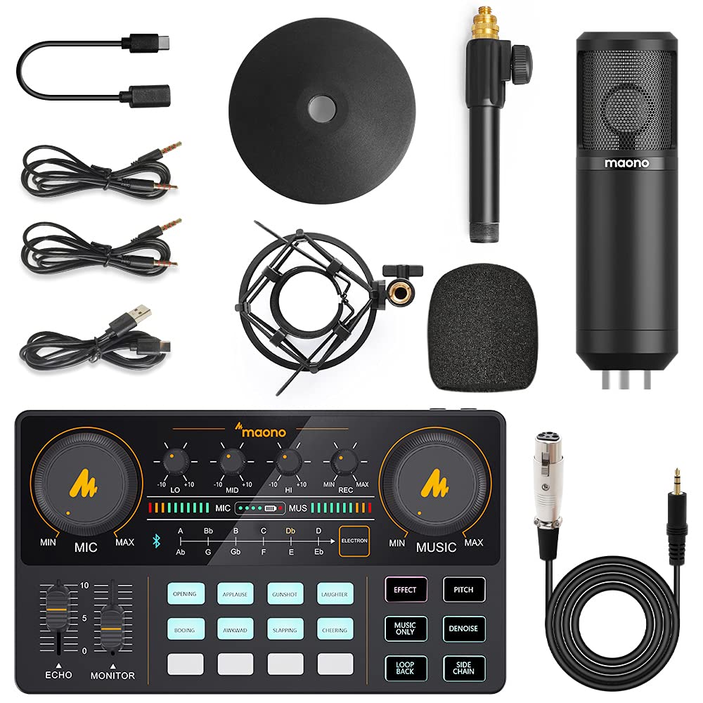 Audio Interface with DJ Mixer and Sound Card, Maonocaster Lite Portable  ALL-IN-ONE Podcast Production Studio with 25mm Large Diaphragm Microphone  for